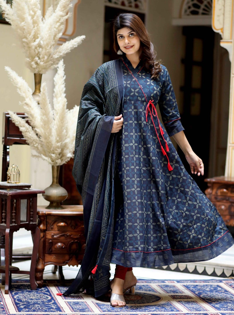 Miravan Women's Blue Angrakha Kurta with Dupatta - Image 4